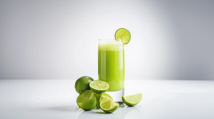 Wall Mural - Green juice with lime in tall glass on a white background