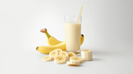 Wall Mural - Glass of banana milk with banana slices and bananas on a white background