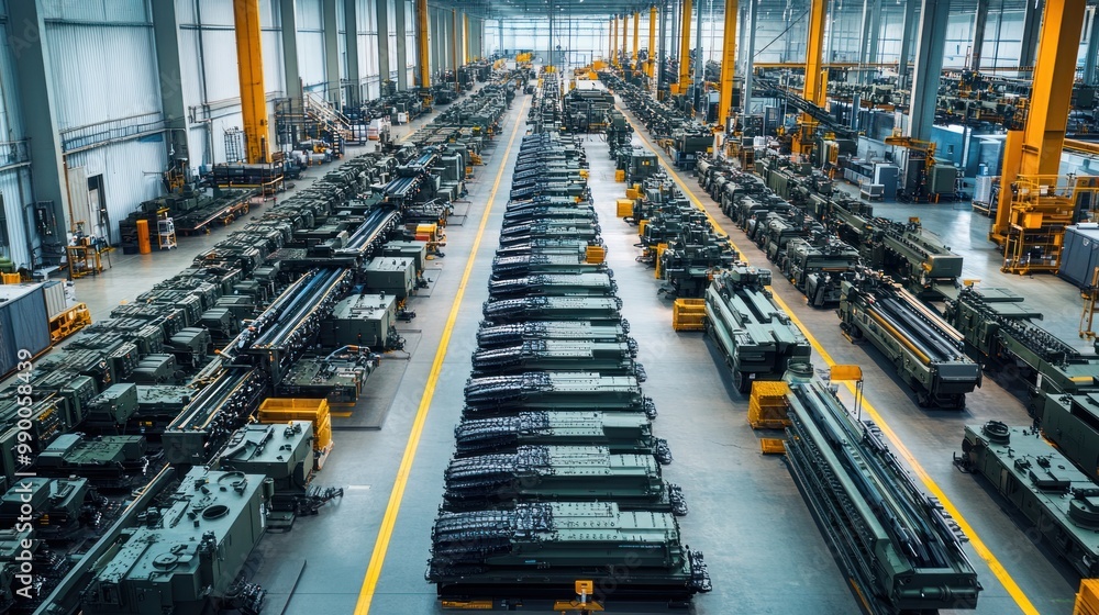 The arms industry in full production, with rows of military equipment and weapons being manufactured, showing the scale of defense manufacturing.