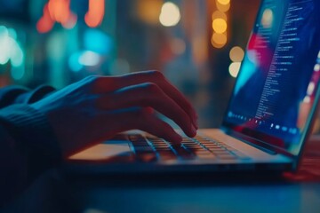 hands typing on a laptop keyboard in a neon-lit environment representing coding technology and digit