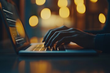 close-up of hands typing on a laptop in a vibrant neon-lit setting symbolizing programming coding an