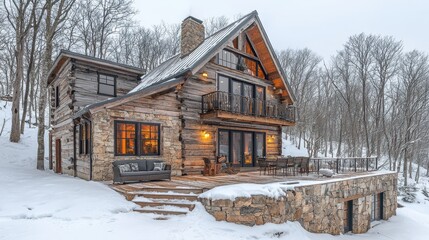 Sticker - Winter Cabin with Stone and Wood Exterior in Snowy Forest