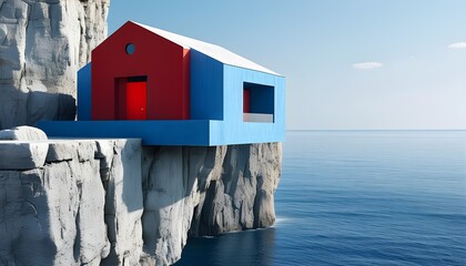 Charming indigo house with a red door perched on a cliff overlooking the serene sea in a minimalist design