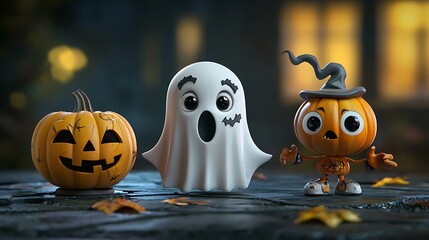 Trio of Halloween-themed 3D cartoons: ghost, pumpkin-headed doll, and monster.