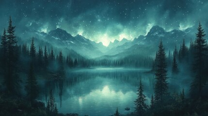 Poster - Serene night landscape with mountains, lake, and starry sky.