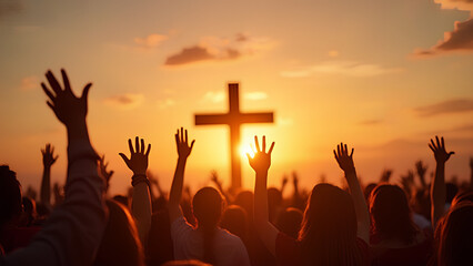 Poster - Hands raised in worship in front of a cross at sunset