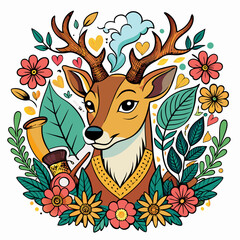 Wall Mural - The image is a deer smoking a pipe with a flower in its mouth. The deer is surrounded by flowers and leaves. The text at the top of the image reads 