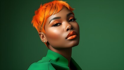 Chic fashion model showcasing a vibrant orange makeup look in a trendy green suit against a matching studio backdrop