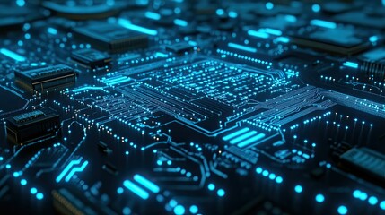 Futuristic abstract circuit board with glowing blue patterns, symbolizing advanced technological systems.