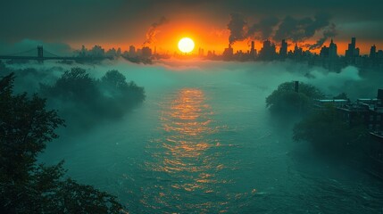 Sunrise Over Foggy City Skyline with Bridge and River