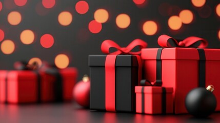 Sticker - Red and Black Gift Boxes with Bokeh Background.