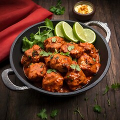 Delicious juicy tasty Chicken tikka dish well cooked with some vegetable served, Chicken tikka masala, cooked marinated chicken in spiced curry sauce