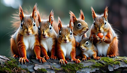 playful red squirrel family in a lush green forest