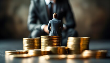 Wall Mural - Entrepreneurial visions with a suited man atop a mountain of coins, analyzing wealth-building strategies through a financial graph