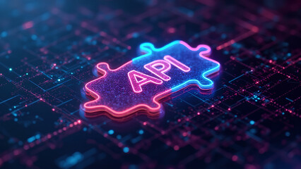 API integration concept with neon puzzle pieces interlocking on a futuristic digital background emphasizing smooth connectivity and system interoperability