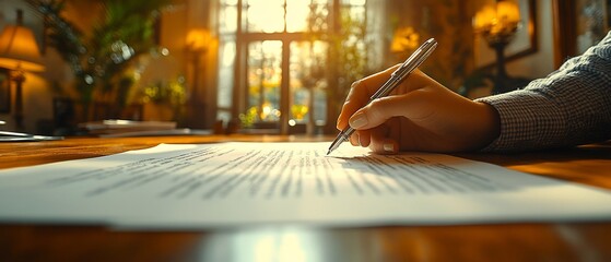 Wall Mural - Hand signing document on a wooden table with sunlight streaming through a window.