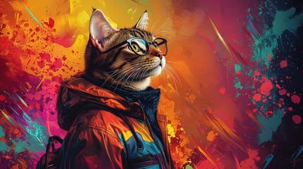 Poster - A stylish cat wearing glasses and a colorful jacket poses confidently against a vibrant, abstract background