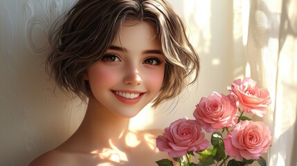 Wall Mural - Beautiful Woman Smiling with Pink Roses by Window