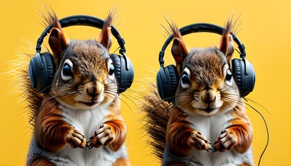 Red squirrels enjoying music with headphones against a vibrant yellow backdrop