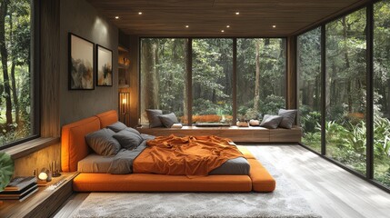 Canvas Print - Modern Bedroom Interior Design with Forest View  Cozy Minimalist Style