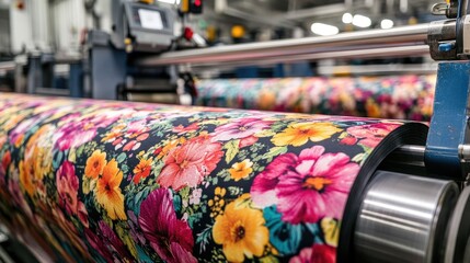 Industrial heat transfer printing machine applying vibrant floral patterns onto fabric rolls in a modern factory