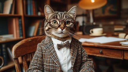 a clever cat in a suit and glasses sits at a desk surrounded by books, showcasing a whimsical schola