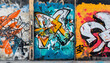 © mai - A graffiti-covered urban wall, showcasing vibrant colors, bold lines, and an edgy, artistic vibe