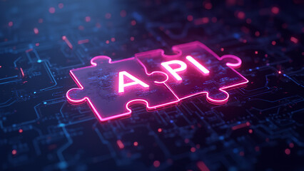 API integration concept with neon puzzle pieces interlocking on a futuristic digital background emphasizing smooth connectivity and system interoperability