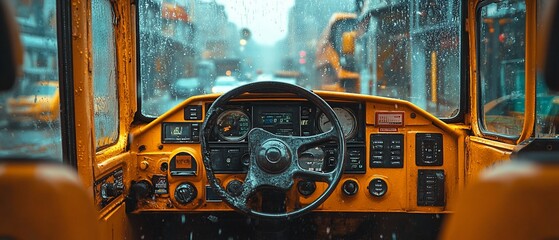 Interior view of a yellow vehicle with a steering wheel and dashboard, looking out through a rain-streaked window.