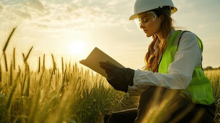 Person wearing safety gear examining crop health in a field, promoting environmentally friendly pest control methods