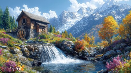 Sticker - Mountain Cabin with Waterfall and Autumn Colors