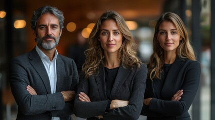 Three individuals stand side by side with arms crossed, exuding confidence and professionalism in a modern interior setting during evening hours