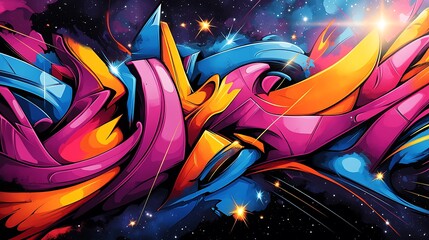 a cosmic explosion of abstract shapes, blending bright graffiti colors with swirling galactic forms,