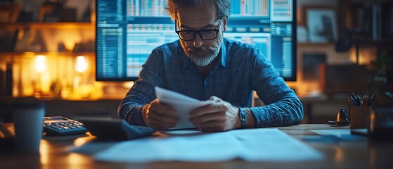 Man working at his desk in a dimly lit room reading a document.