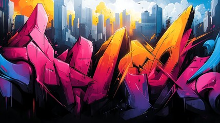 A fusion of technology and graffiti, abstract futuristic shapes and bold graffiti lines clashing in a digital cityscape, bright neon tones, glitch effects, jagged edges,