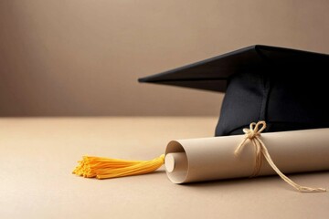 Black graduation cap rolled up diploma beige background