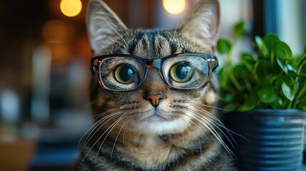 Wall Mural - A curious tabby cat wearing glasses poses beside a potted plant in a cozy indoor setting during the daytime