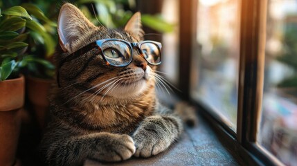 Wall Mural - A curious cat wearing stylish glasses gazes out the window on a sunny afternoon surrounded by lush houseplants