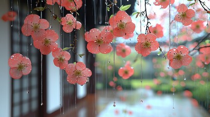 Wall Mural - Rain Droplets Falling From Pink Flowers