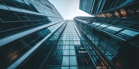 Close-up modern glass building multiple levels appears to A city skyline