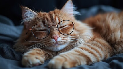 Sticker - A sleepy orange tabby cat wearing glasses rests on a cozy bed on a calm afternoon, exuding a relaxed vibe and charm