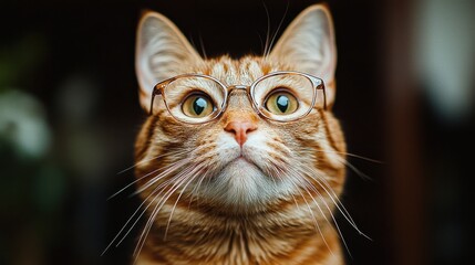 Wall Mural - A curious orange tabby cat wearing glasses gazes thoughtfully ahead in a cozy indoor setting, capturing a moment of feline intelligence