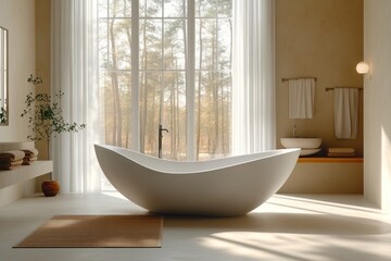 Sticker - Modern Bathroom with Bathtub and Forest View