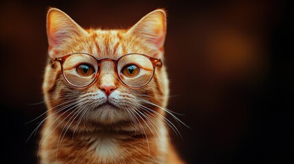 Poster - A clever orange cat wearing glasses poses confidently against a dark background during the evening