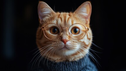 Poster - A stylish ginger cat wearing glasses poses for a portrait in soft lighting, showcasing its unique personality and charm