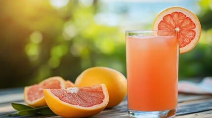 Wall Mural - glass of pink grapefruit juice with slices of grapefruit on a wooden table.