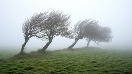 Wall Mural - Trees leaning heavily in the wind, set against a fog-filled field, symbolizing the struggle against the elements.