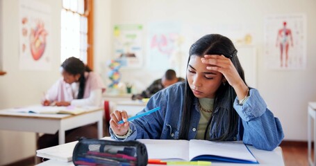 Sticker - Frustrated girl, student or book with exam for difficult test, stress or question in classroom at school. Young, female person or teenager with notebook, anxiety or nerves for assesment or assignment