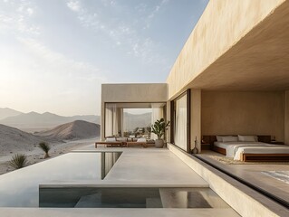 Wall Mural - A minimalistic resort with clean lines, neutral tones, and wideopen spaces overlooking a serene desert