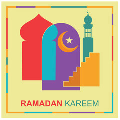 Ramadan Kareem colorful in geometric style. Mosque, moon, stars and dome. Ramadan concept. Flat vector illustration.